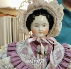 New! 21 Antique 1870s Hi-Brow China Head Doll In Gorgeous Purple Dress And. 12