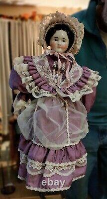 New! 21 Antique 1870s Hi-Brow China Head Doll In Gorgeous Purple Dress And. 12