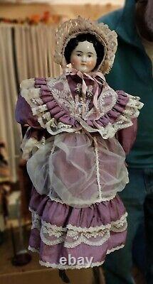New! 21 Antique 1870s Hi-Brow China Head Doll In Gorgeous Purple Dress And. 12