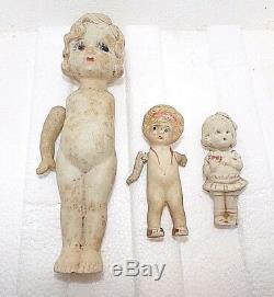 OLD 3 BISQUE PORCELAIN VINTAGE 3-7 INCH DOLLS Made in Japan, Hinged arms on 2
