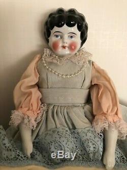Old Victorian Ceramic Curly Hair Vintage China Doll 17.25 Tall