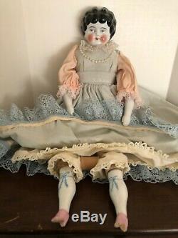 Old Victorian Ceramic Curly Hair Vintage China Doll 17.25 Tall