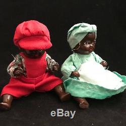PAIR Black Americana Dolls Vintage Jointed Bisque Porcelain Boy and Girl, 5
