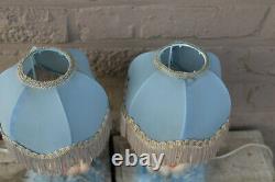 PAIR vintage rare 1970 french porcelain doll buste lady light blue table lamps