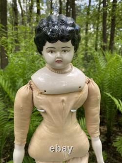 PORCELAIN DOLL 21 FINE CHINA SHOULDER HEAD ARMS and LEGS BLACK HAIR GERMAN