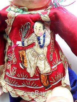 Pair Antique Chinese Dolls China Old Vintage Embroidery Embroidered Dress Tokens