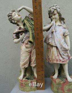Pair Peasant Porcelain amphora Victorian Figurine Antique Vintage Austrian Dolls
