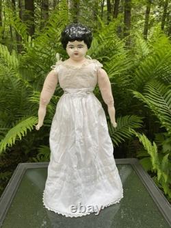 Porcelain Doll 20 Black Haired China Head Doll On Replaced Cloth Body