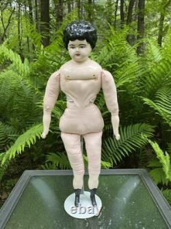 Porcelain Doll 20 Black Haired China Head Doll On Replaced Cloth Body