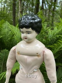 Porcelain Doll 20 Black Haired China Head Doll On Replaced Cloth Body
