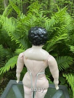 Porcelain Doll 20 Black Haired China Head Doll On Replaced Cloth Body