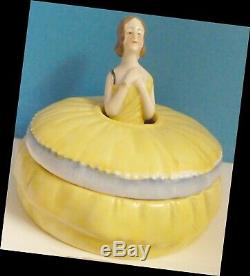 Powder Jar Box Vintage 1/2 Half Doll Lady Vanity Sunshine Yellow Porcelain