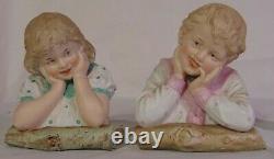 Pr Huebach German Bisque Porcelain Piano Baby Busts Doll Logs Boy Girl Figurines