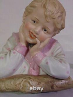 Pr Huebach German Bisque Porcelain Piano Baby Busts Doll Logs Boy Girl Figurines