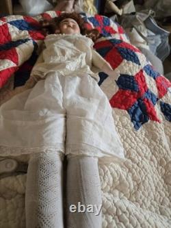 RARE! 23-Inch Liebe & Hoffman Bisque Shoulder Head Doll In White Cotton Eyelet
