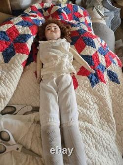 RARE! 23-Inch Liebe & Hoffman Bisque Shoulder Head Doll In White Cotton Eyelet