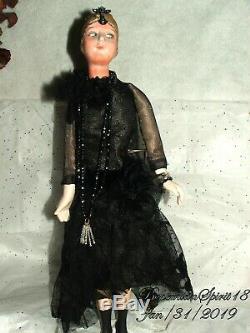 RARE ANTIQUE 1920's FLAPPER BLACK LACE DRESS BISQUE PORCELAIN CLOTH DOLL