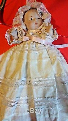 RARE Antique 1800's 4 metal Wheel Wood Doll Carriage Vtg Jointed Porcelain Doll