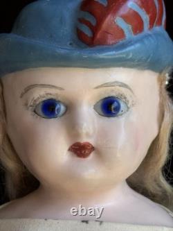 Rare Antique German 20 Wax Over Papier Mache Molded Hat Doll