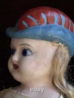 Rare Antique German 20 Wax Over Papier Mache Molded Hat Doll