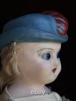 Rare Antique German 20 Wax Over Papier Mache Molded Hat Doll