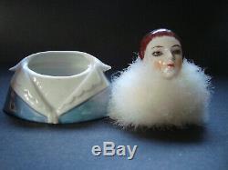 Rare Antique Powder Puff German Porcelain Half Doll Vanity Dresser Box