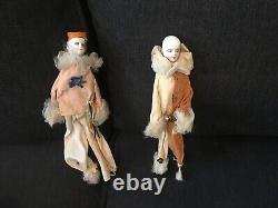 Rare Boudoir Doll Set Of 2 HTF French Porcelain Miniature Wire Pierrot Dolls