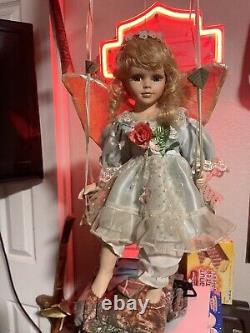 (Rare) Emerald Doll Collection Vintage Porcelain Angel Doll on Wooden Swing