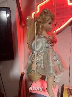 (Rare) Emerald Doll Collection Vintage Porcelain Angel Doll on Wooden Swing