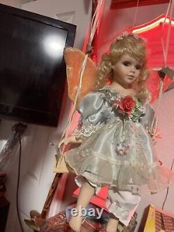 (Rare) Emerald Doll Collection Vintage Porcelain Angel Doll on Wooden Swing