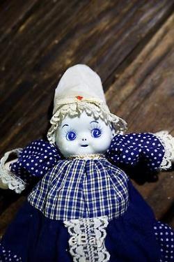 Rare Vintage Hand Painted Porcelain Kewpie Doll Delft Blue & White