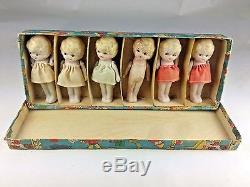 Rare Vintage Japanese Bisque Porcelain (6) Sextuplet Dolls Original Box Japan