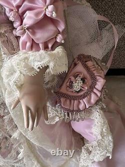 Rare Vintage MBI Pamela Erff Porcelain Doll Fancy Pink Outfit Hat Lace Pearls