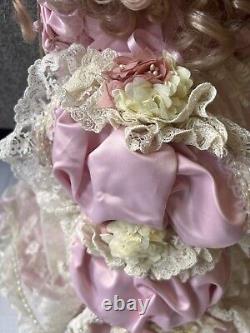 Rare Vintage MBI Pamela Erff Porcelain Doll Fancy Pink Outfit Hat Lace Pearls