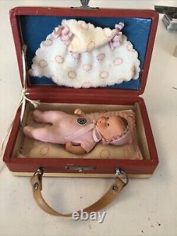 Rare. Vtg East Germany Bisque Miniature Baby Doll with Suitcase and Layette