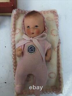 Rare. Vtg East Germany Bisque Miniature Baby Doll with Suitcase and Layette