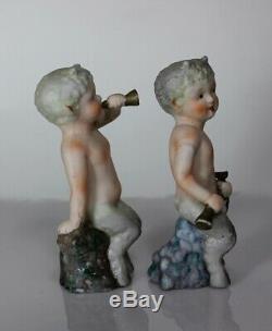 Rarely Seen Antique Pair Satyr Faun Pan Cherub Child Bisque Porcelain Figurines