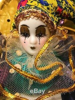 SET OF FOUR Vintage Harlequin Doll Hand-Painted Porcelain Head & Hands Soft Body