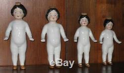 Set Of 4 Vintage German Frozen Charlotte Porcelain Perfume Dolls 6 5.5 5 4.5