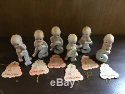 Set Of 6 Vintage Bisque Porcelain Lefton Blue Winged Kewpies With Hang Tags