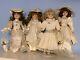 Set Of 4 Antique Vintage Porcelain Dolls In White Satin & Lace Beaded Dresses