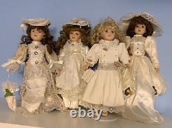 Set of 4 Antique Vintage Porcelain Dolls in White Satin & Lace Beaded Dresses