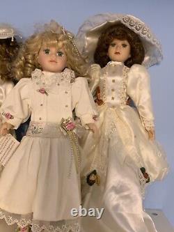 Set of 4 Antique Vintage Porcelain Dolls in White Satin & Lace Beaded Dresses