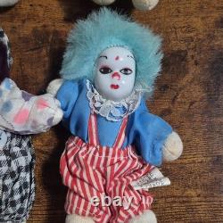 Set of 4 vintage Porcelain & Cloth Clown Dolls 5 Multicolor Hair Hand Painted
