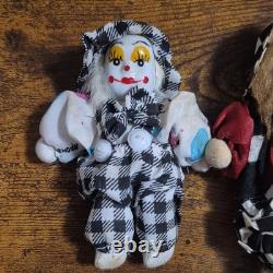 Set of 4 vintage Porcelain & Cloth Clown Dolls 5 Multicolor Hair Hand Painted