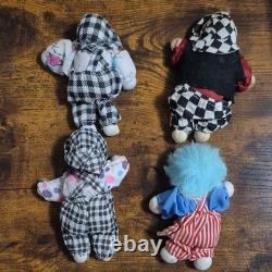 Set of 4 vintage Porcelain & Cloth Clown Dolls 5 Multicolor Hair Hand Painted