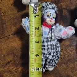 Set of 4 vintage Porcelain & Cloth Clown Dolls 5 Multicolor Hair Hand Painted