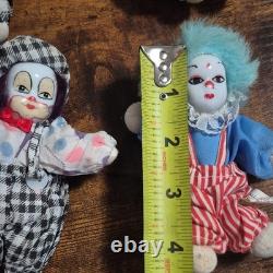 Set of 4 vintage Porcelain & Cloth Clown Dolls 5 Multicolor Hair Hand Painted