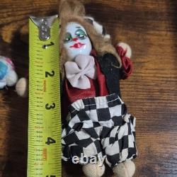 Set of 4 vintage Porcelain & Cloth Clown Dolls 5 Multicolor Hair Hand Painted