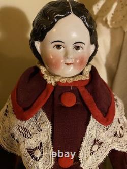 Superb 19 Antique 1850s Brown-Eyed Greiner China Lovely Period Costume & Boots